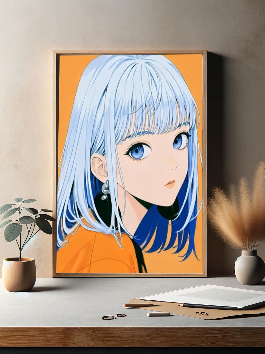 Blue-Haired Anime Portrait Poster. — room view 2