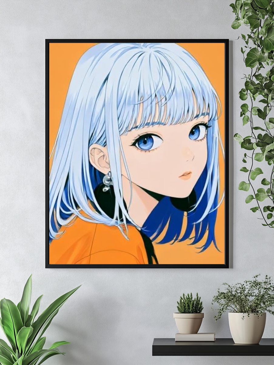 Blue-Haired Anime Portrait Poster. — room view 4