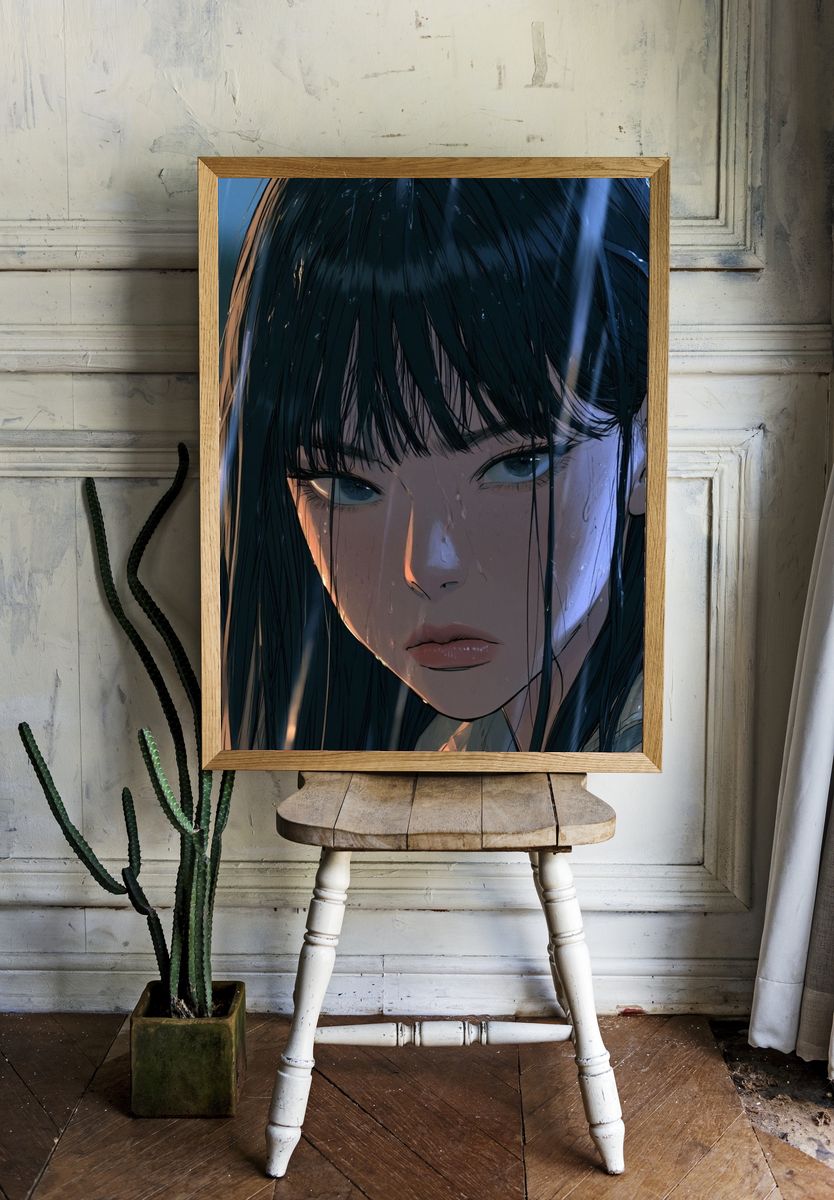 Rainy Anime Girl Portrait Print. room preview