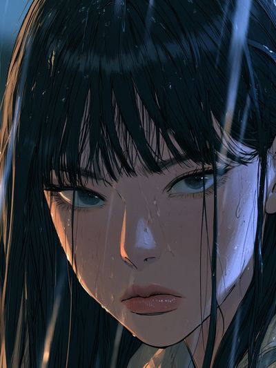 Rainy Anime Girl Portrait Print. poster