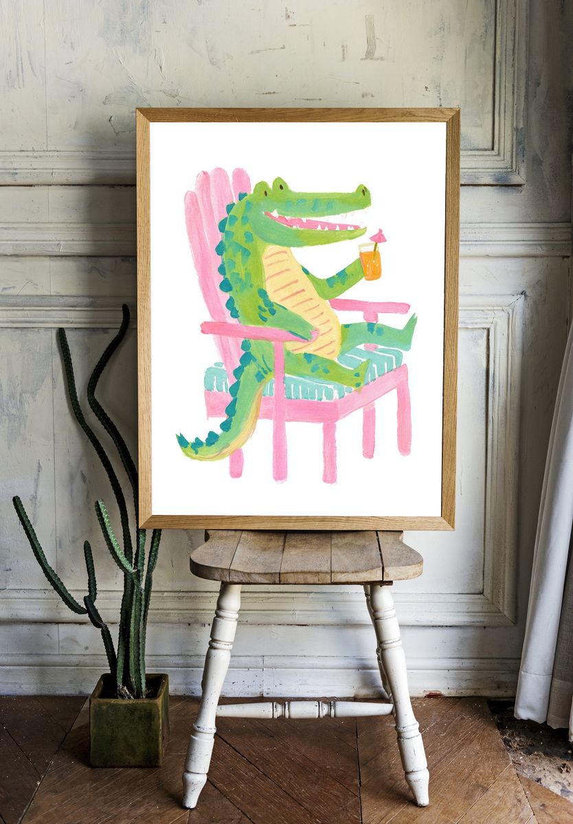 Crocodile in Pink Chair Illustration Poster. room preview