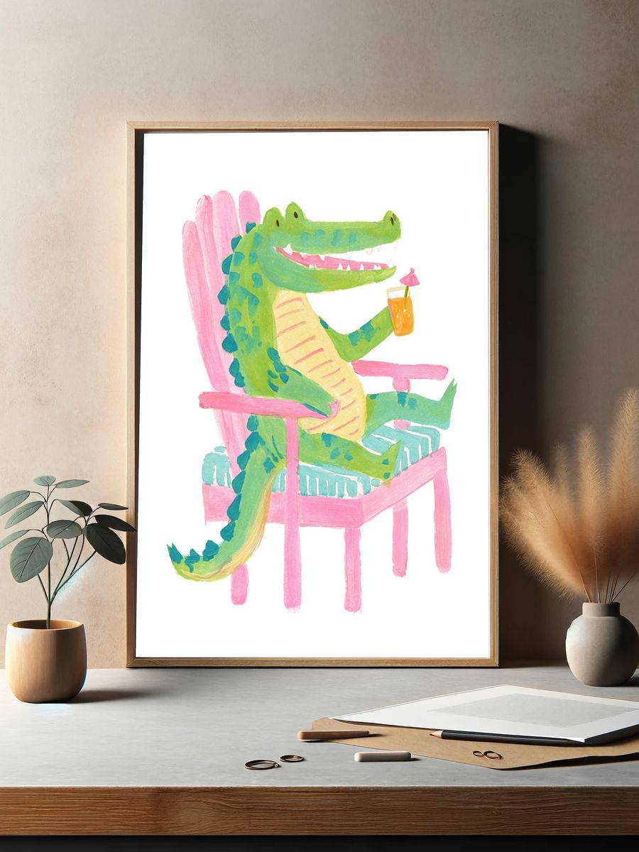 Crocodile in Pink Chair Illustration Poster. — room view 2
