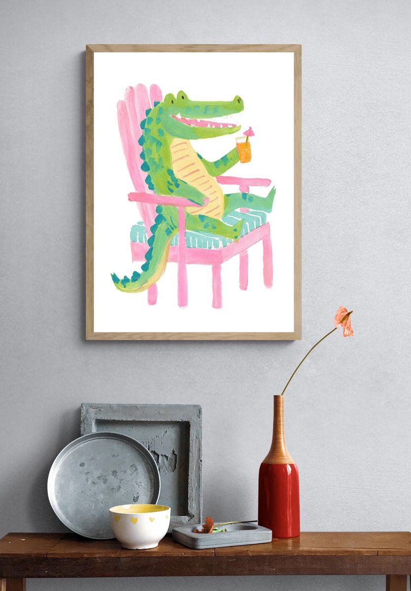 Crocodile in Pink Chair Illustration Poster. — room view 3