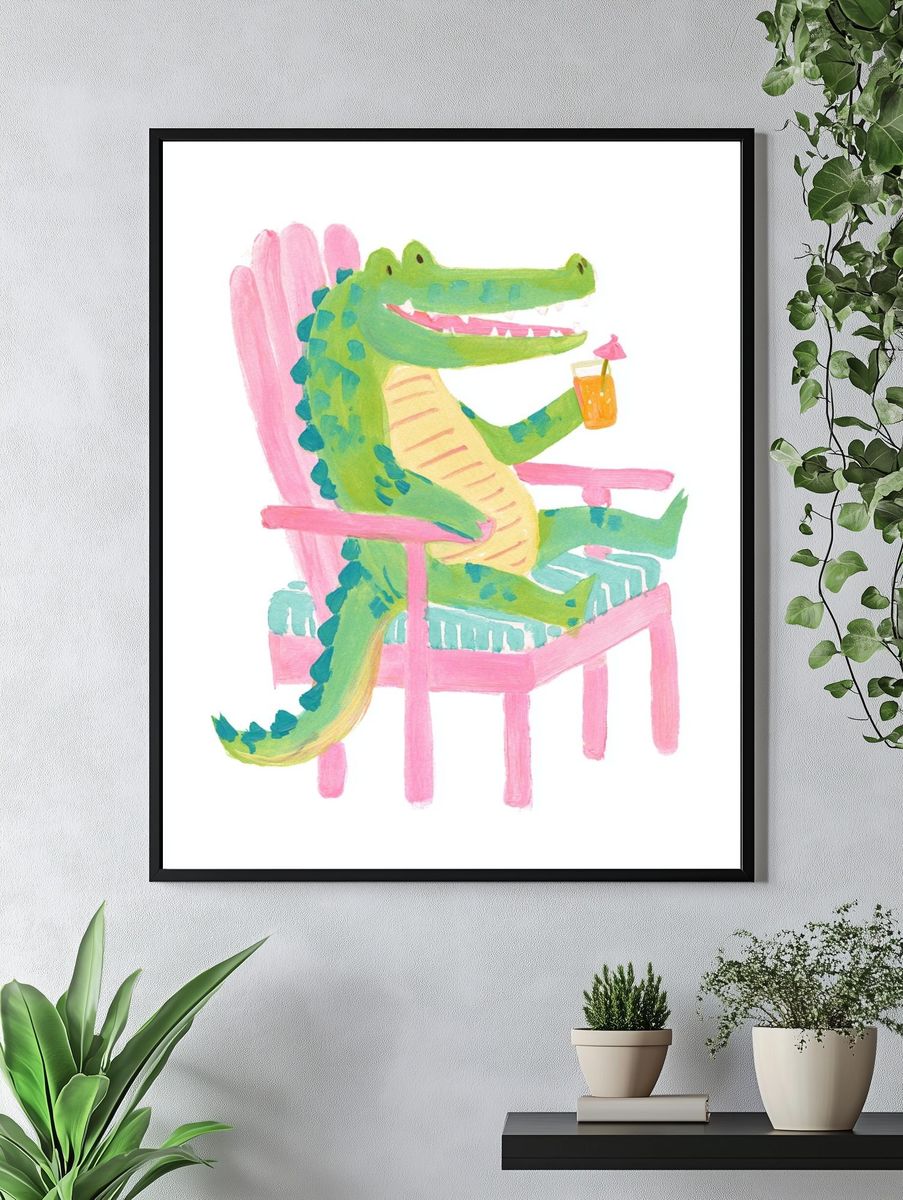 Crocodile in Pink Chair Illustration Poster. — room view 4