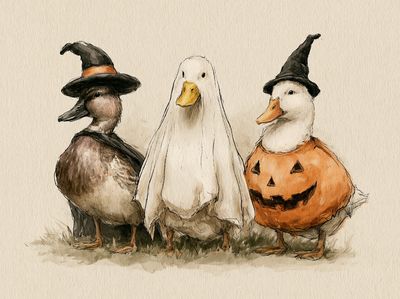 Halloween Ducks Watercolor Poster.
