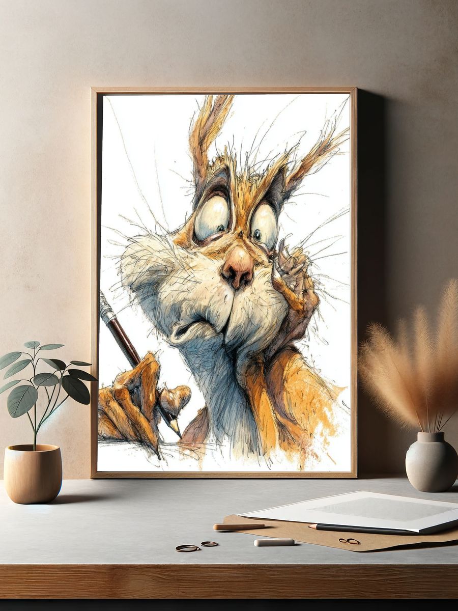 Sketchy Rabbit Portrait Poster. — room view 2