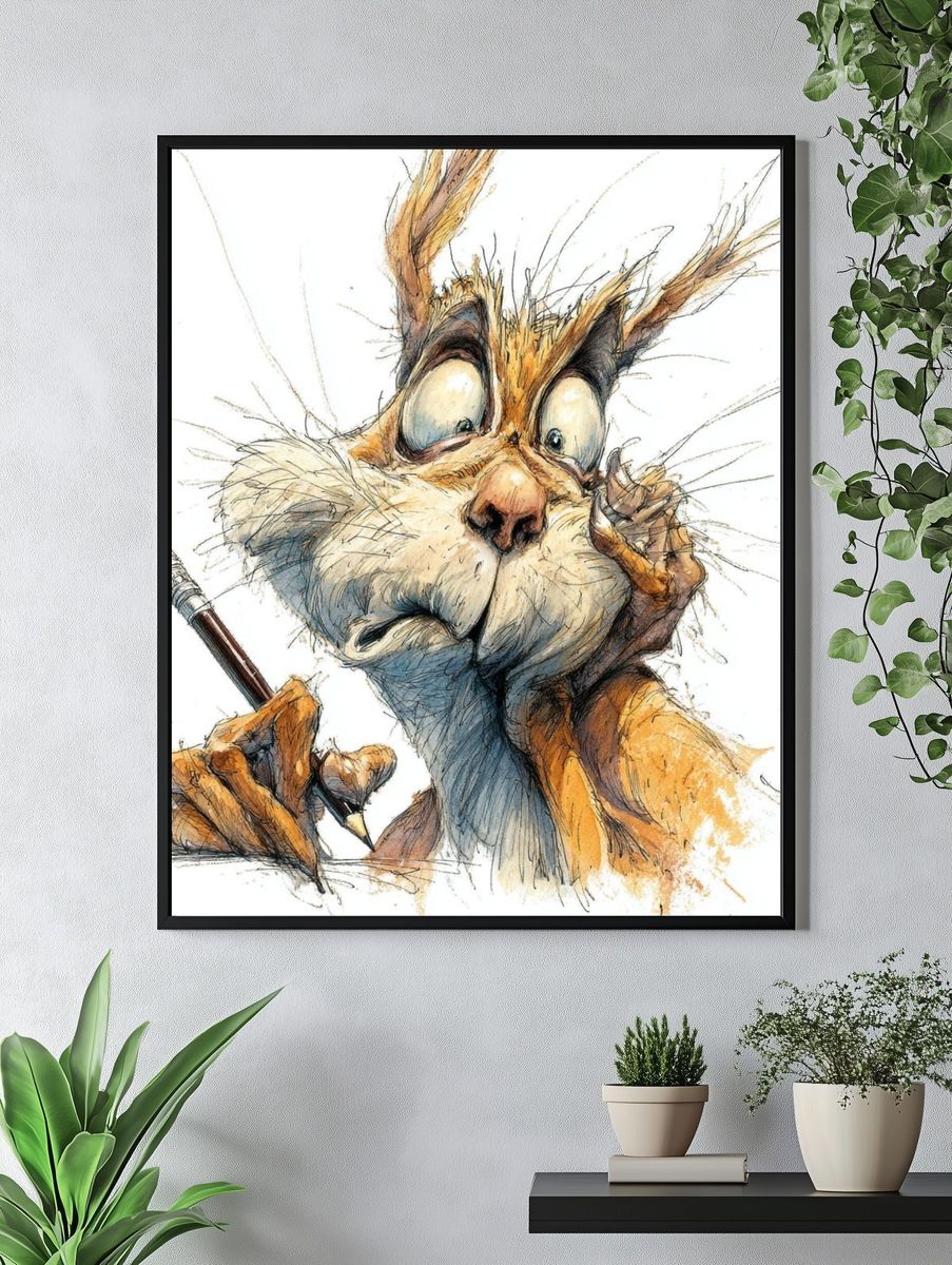 Sketchy Rabbit Portrait Poster. — room view 4