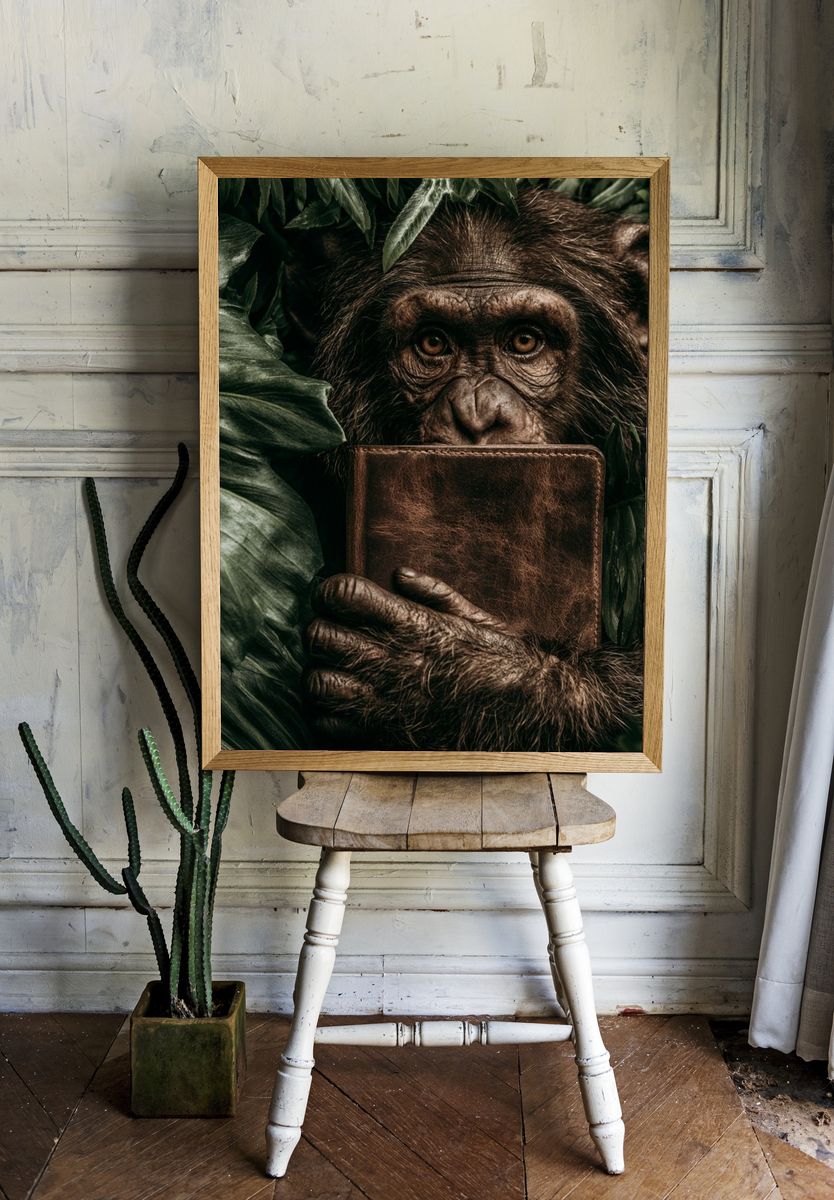 Chimpanzee with Journal Photography Poster. — room view 1
