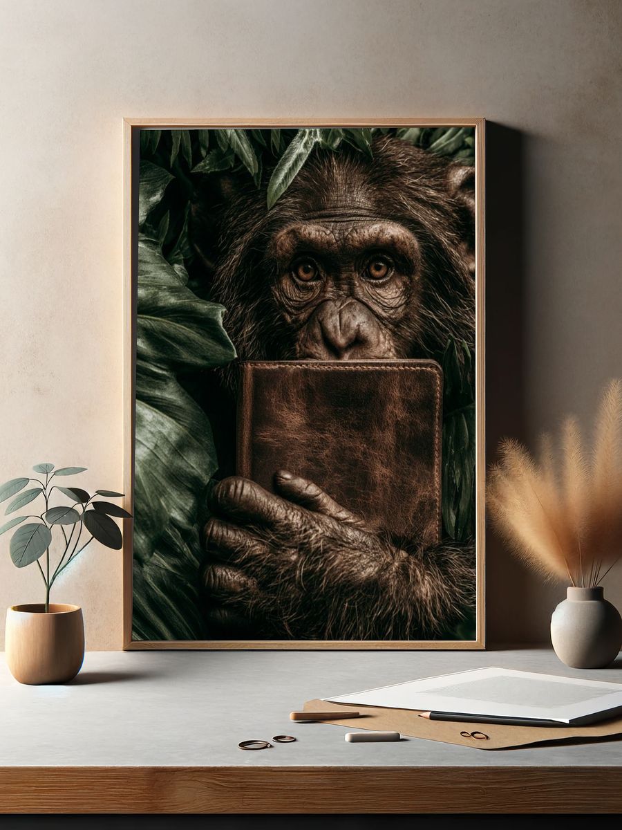 Chimpanzee with Journal Photography Poster. — room view 2