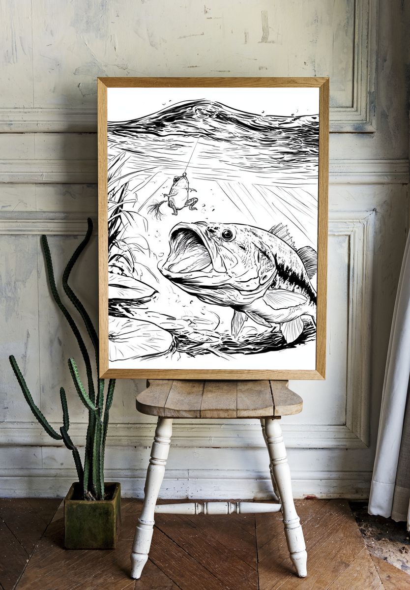 Bass and Frog Fishing Illustration Poster. room preview