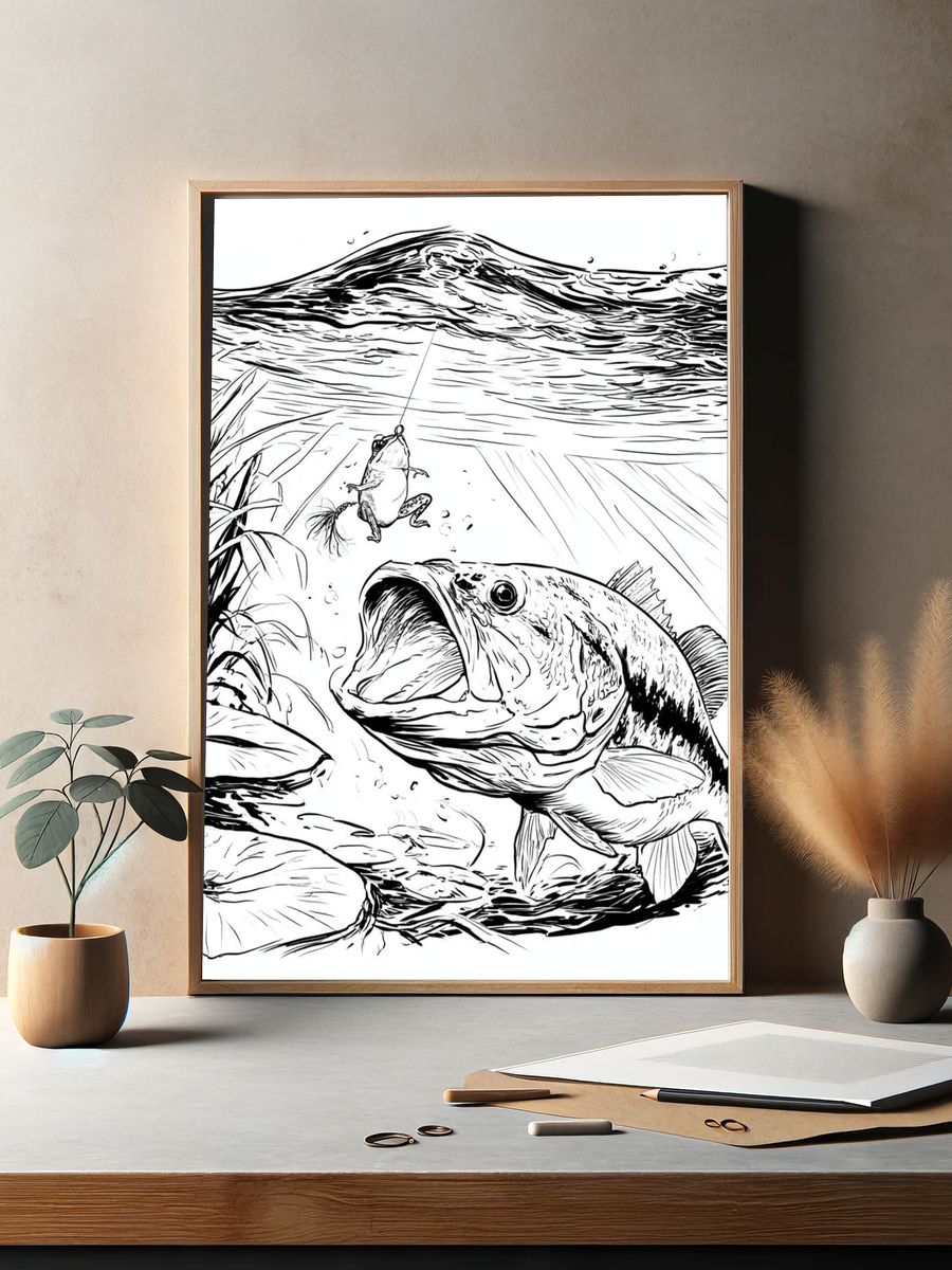 Bass and Frog Fishing Illustration Poster. — room view 2