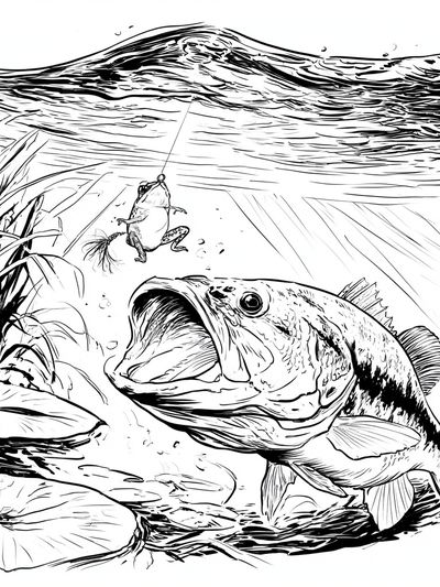 Bass and Frog Fishing Illustration Poster.