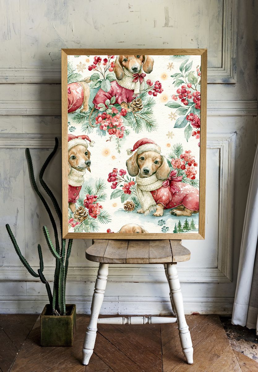 Christmas Dachshund Watercolor Print. room preview