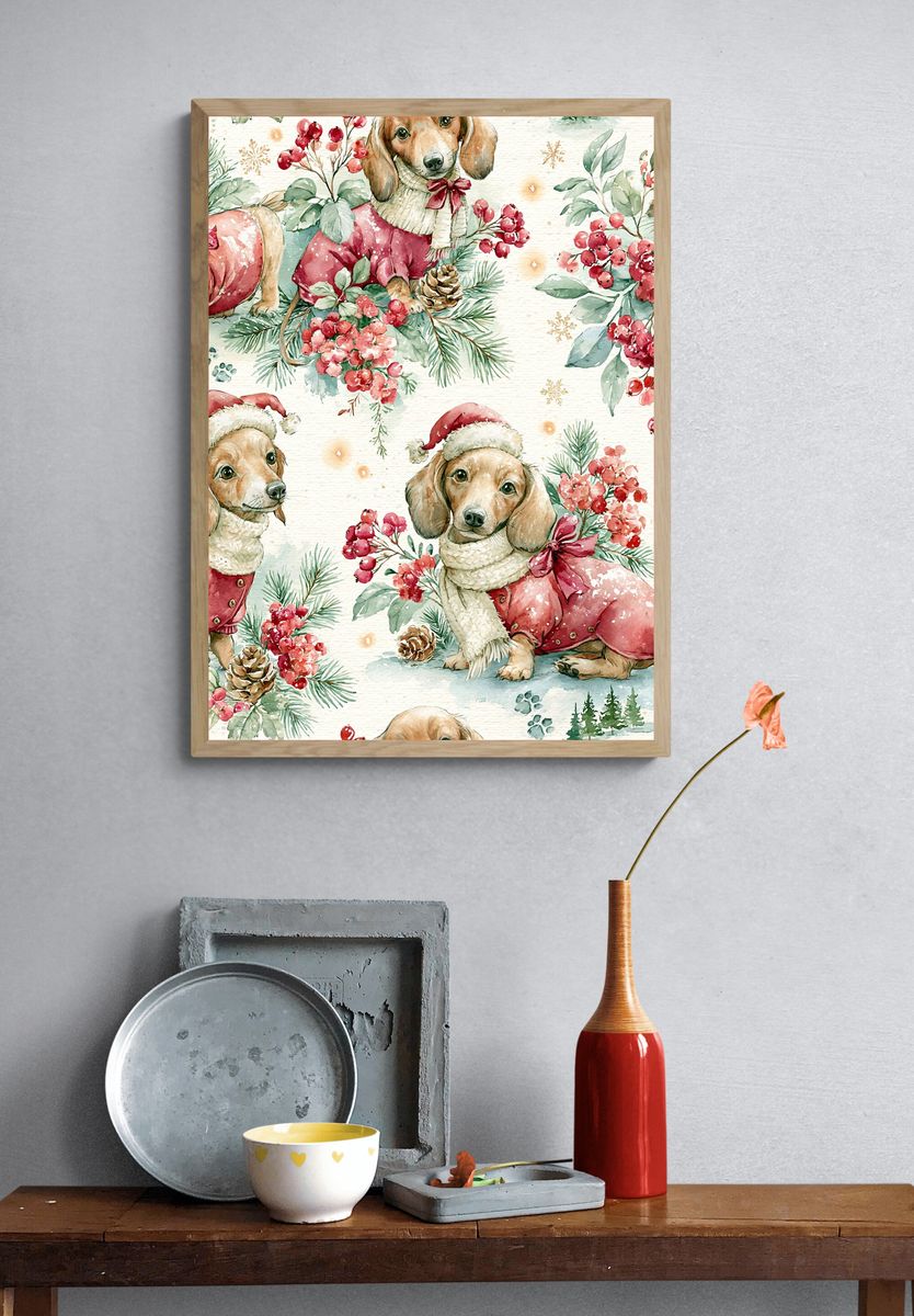 Christmas Dachshund Watercolor Print. — room view 3