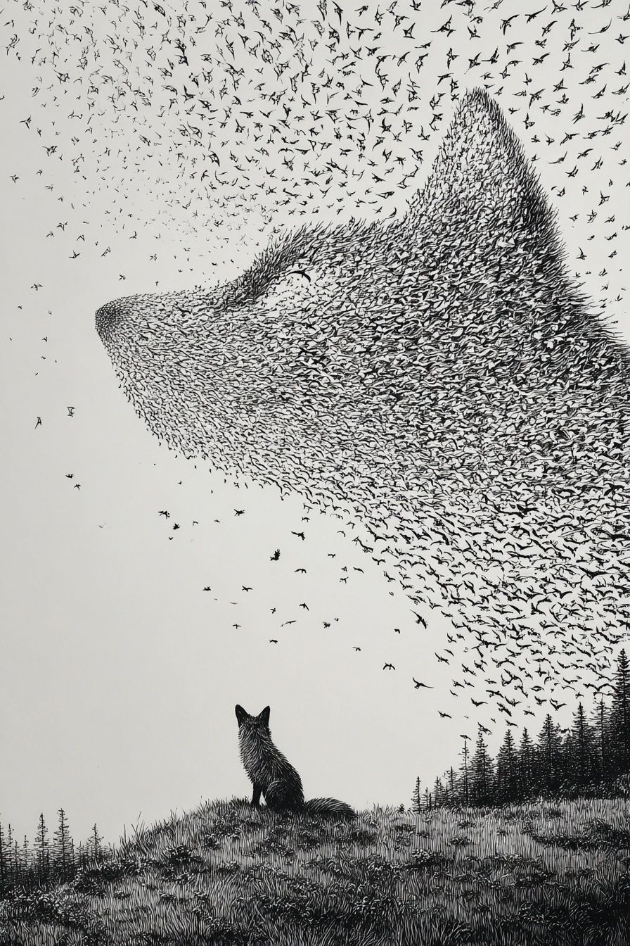 Fox and Bird Swarm Ink Print. poster detail