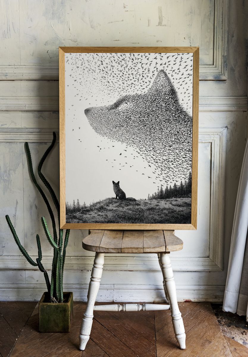Fox and Bird Swarm Ink Print. — room view 1