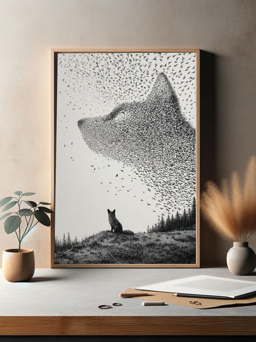 Fox and Bird Swarm Ink Print. — room view 2