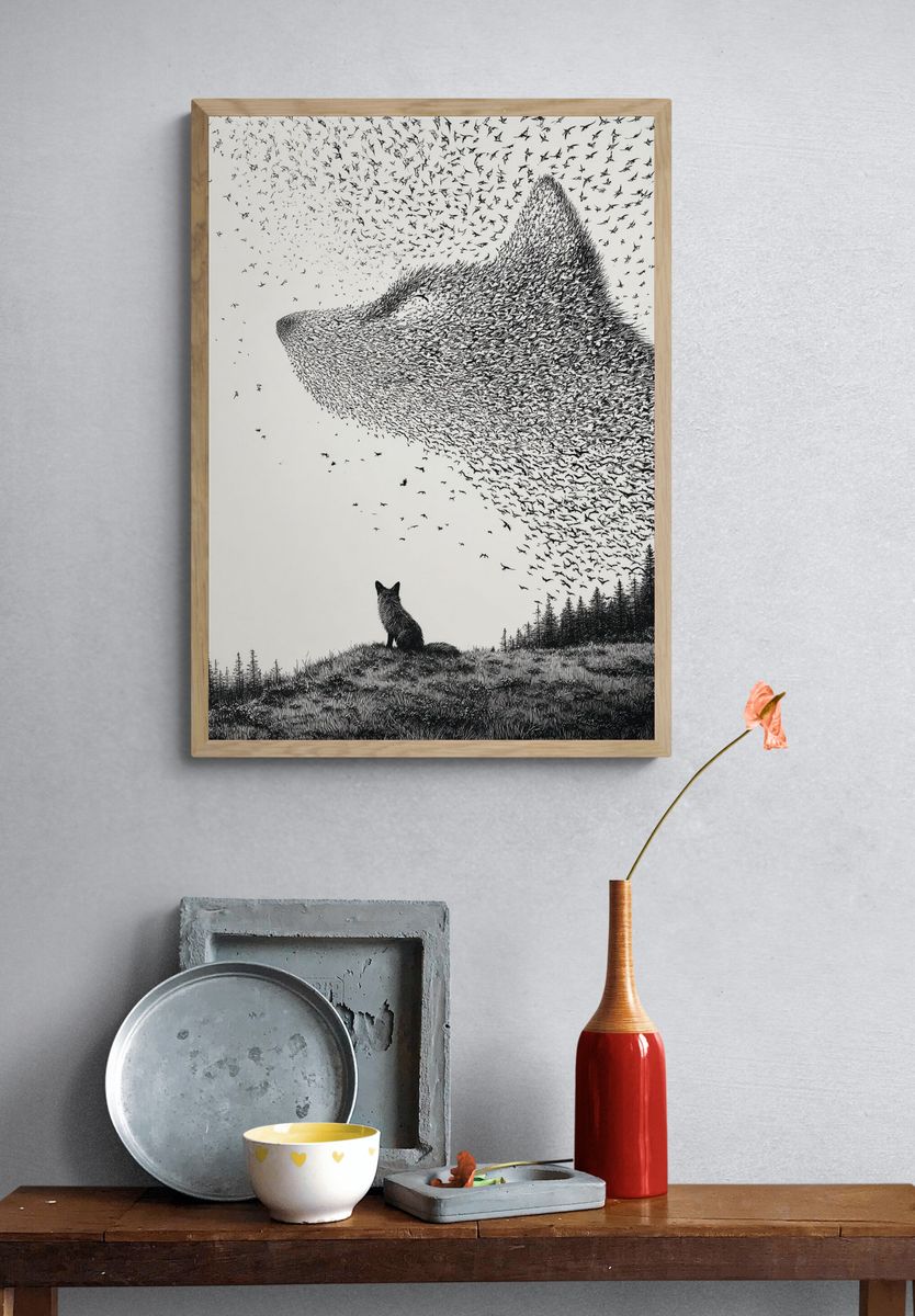 Fox and Bird Swarm Ink Print. — room view 3