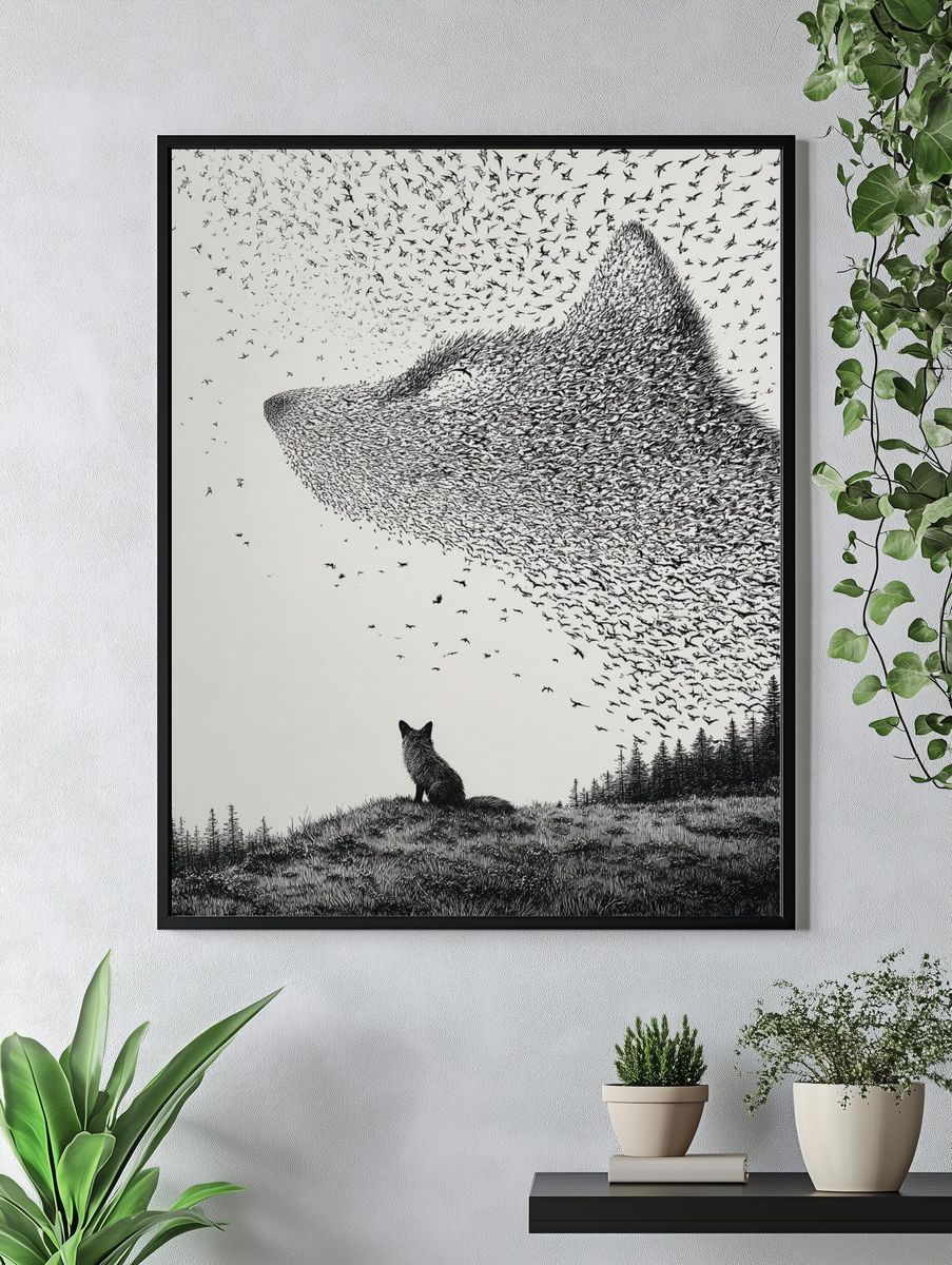 Fox and Bird Swarm Ink Print. — room view 4