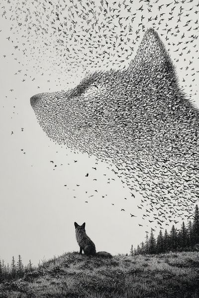 Fox and Bird Swarm Ink Print. poster