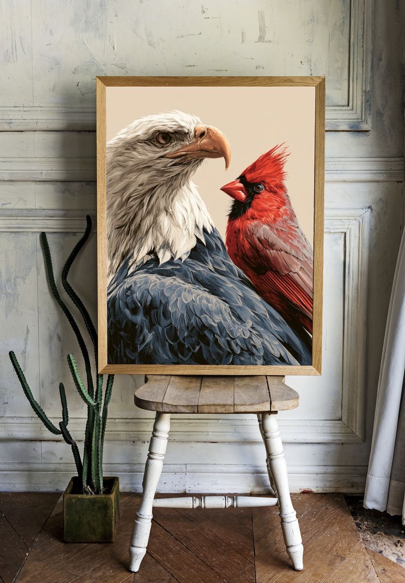 Bald Eagle and Cardinal Illustration Poster. room preview
