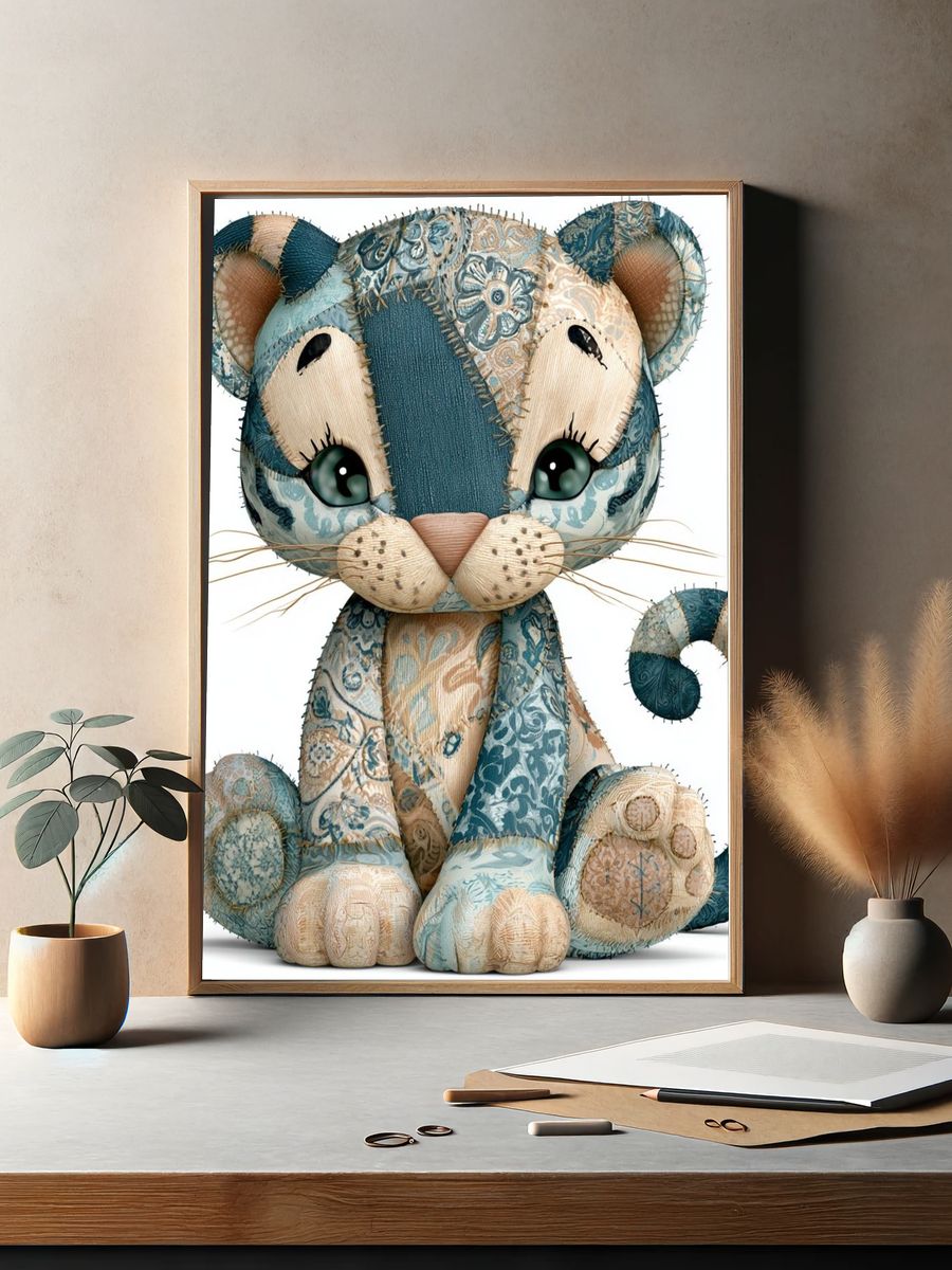 Patchwork Kitten Illustration Poster. — room view 2