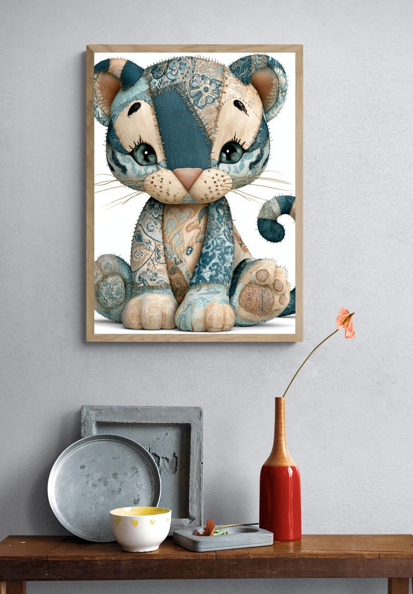 Patchwork Kitten Illustration Poster. — room view 3