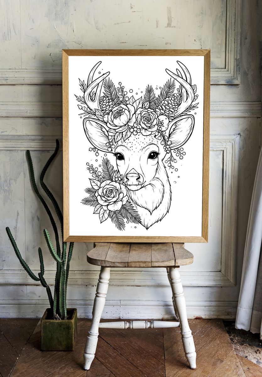 Floral Deer Line Art Poster. — room view 1