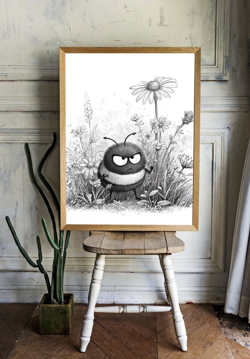 Grumpy Bee in Wildflowers Print. — room view 1