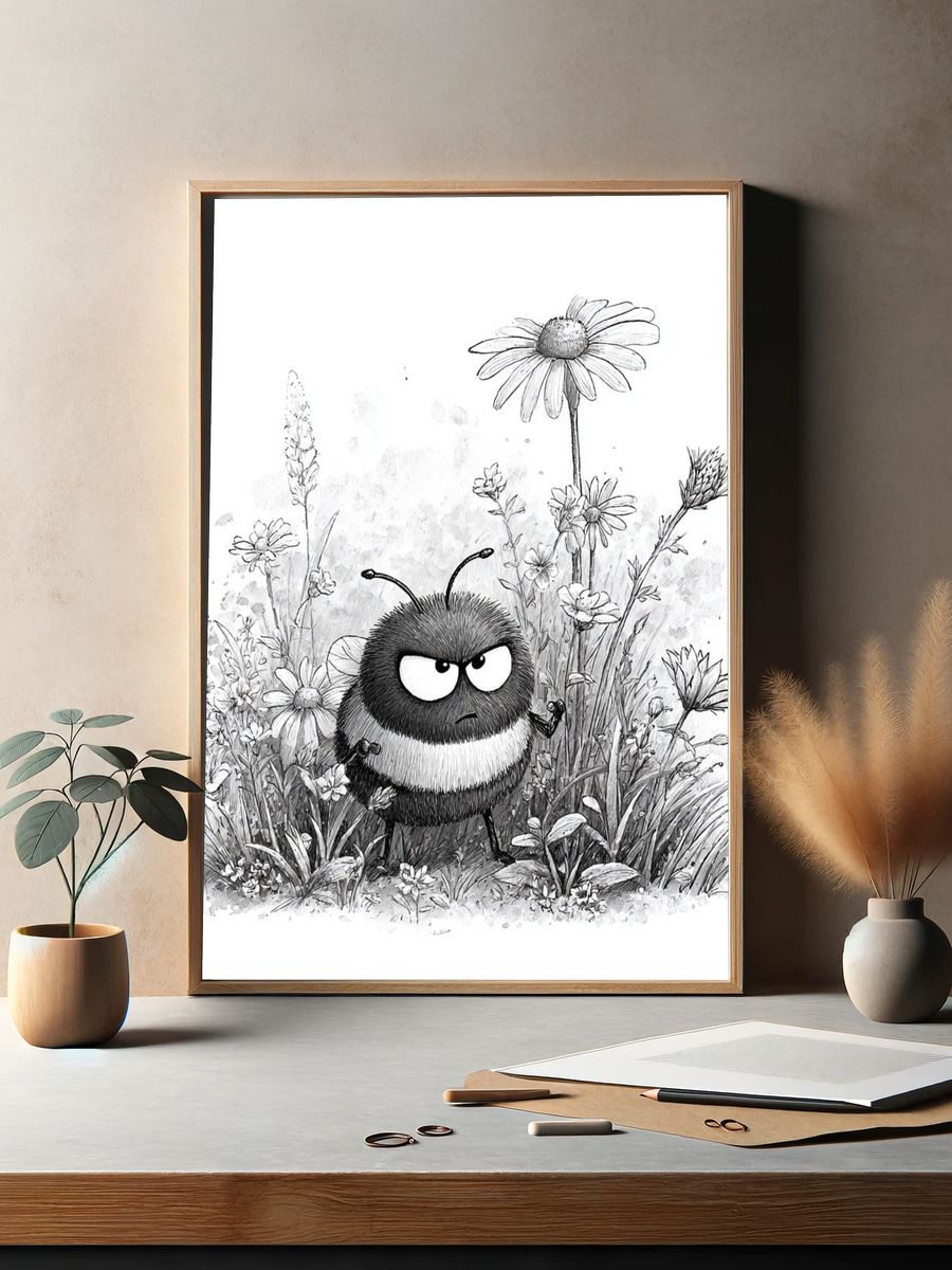 Grumpy Bee in Wildflowers Print. — room view 2