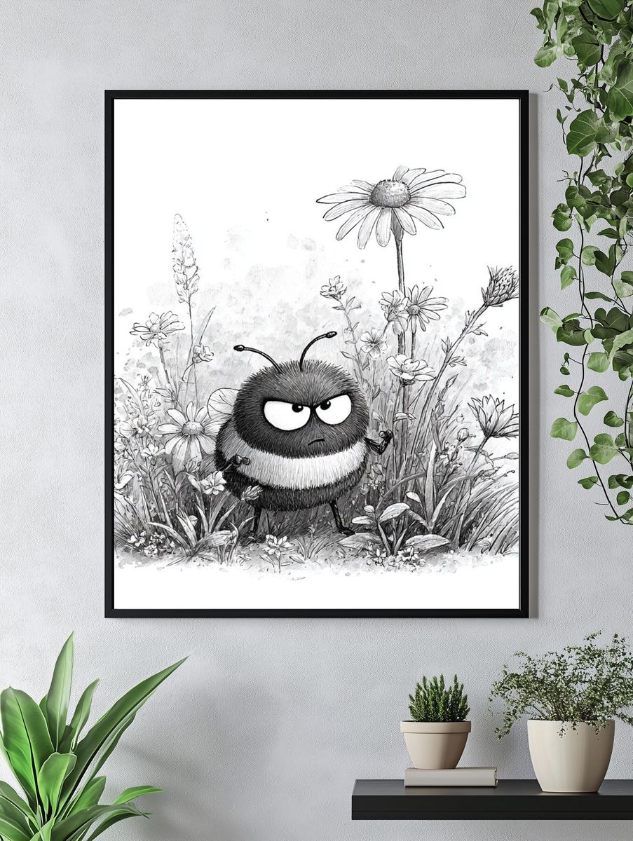 Grumpy Bee in Wildflowers Print. — room view 4