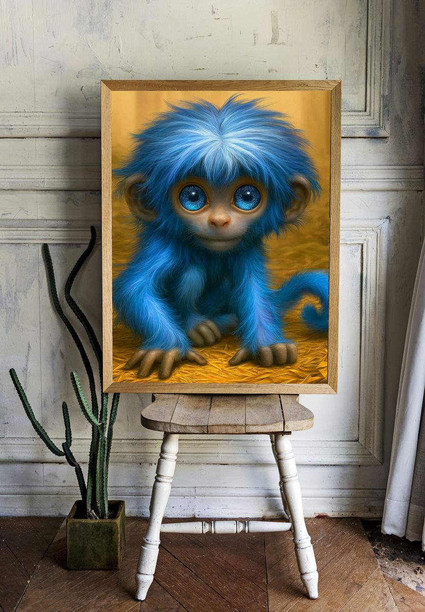 Blue Baby Monkey Illustration Poster. room preview