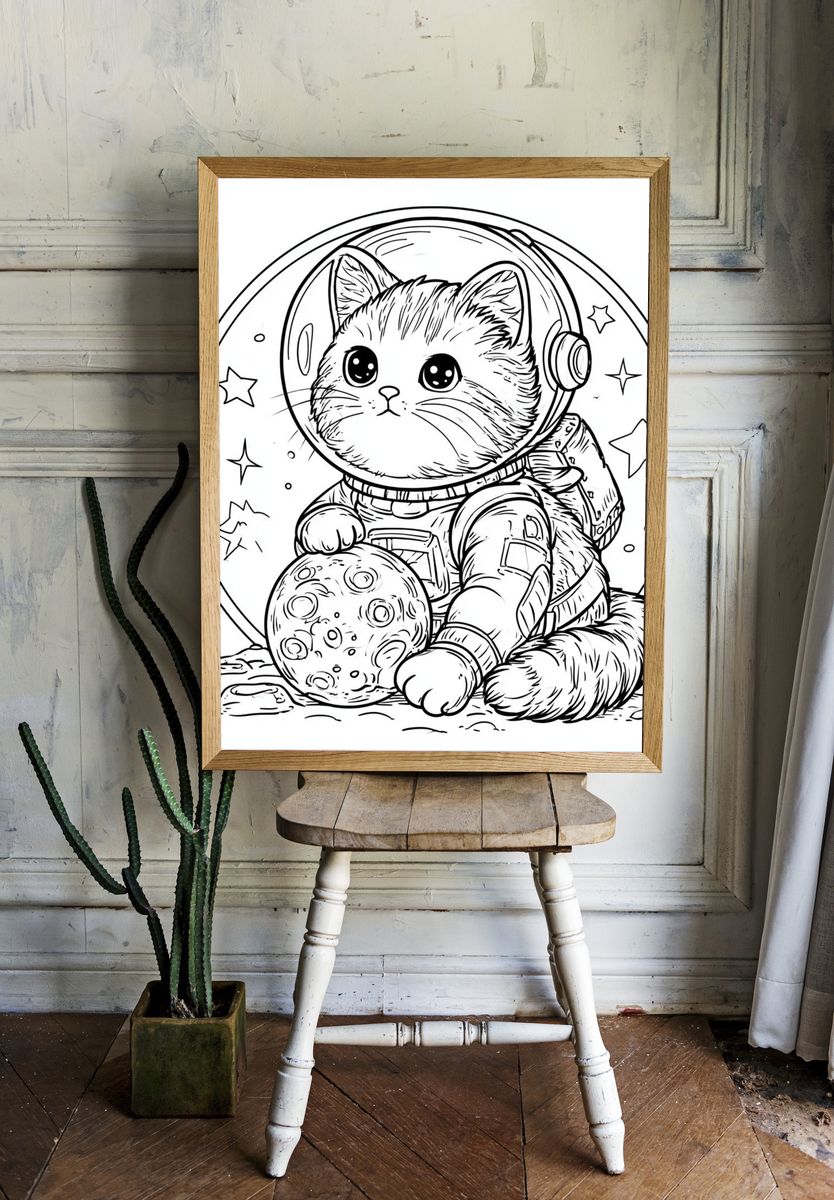 Astronaut Cat Coloring Poster. — room view 1