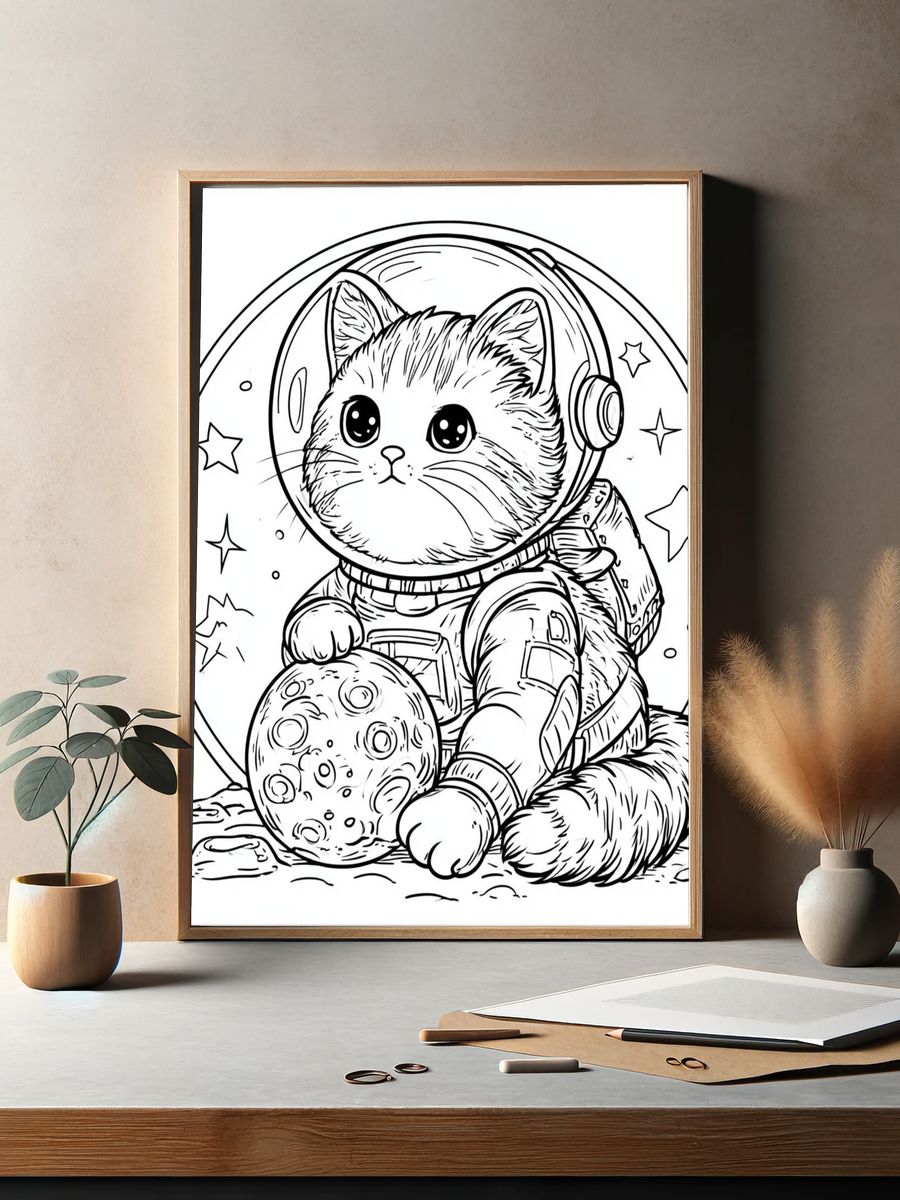 Astronaut Cat Coloring Poster. — room view 2