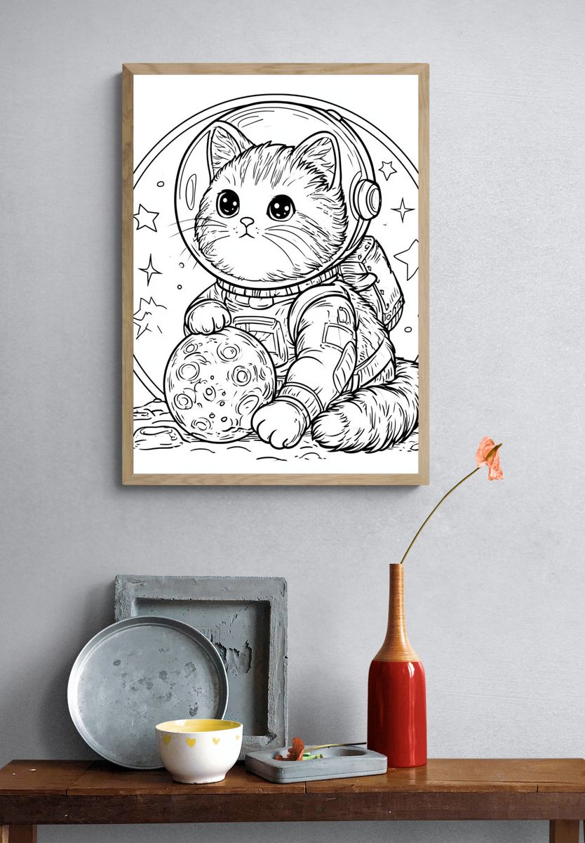 Astronaut Cat Coloring Poster. — room view 3