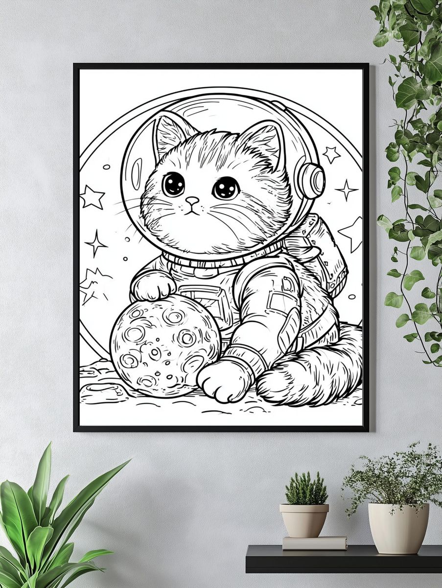 Astronaut Cat Coloring Poster. — room view 4