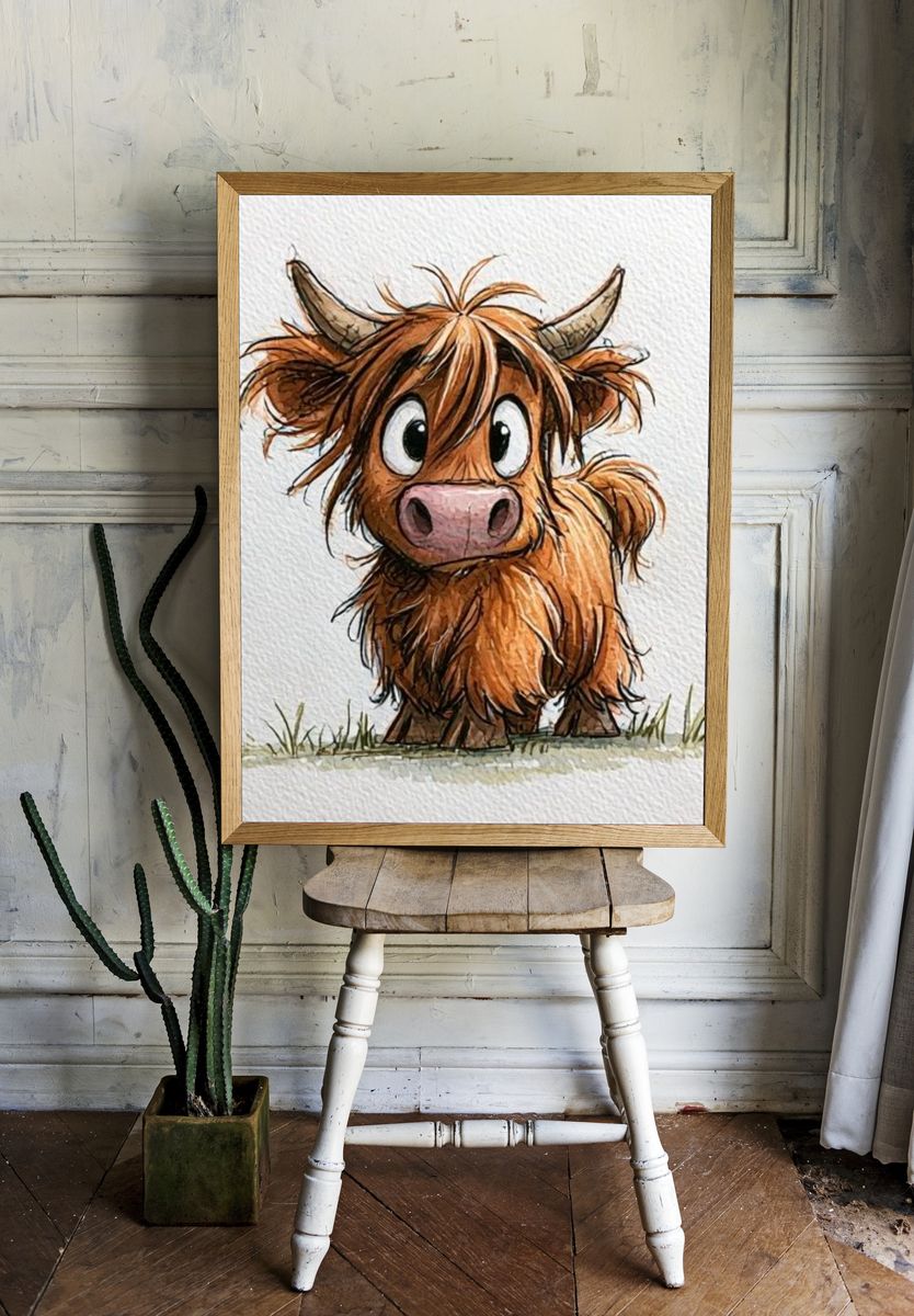 Cute Highland Cow Watercolor Poster. room preview