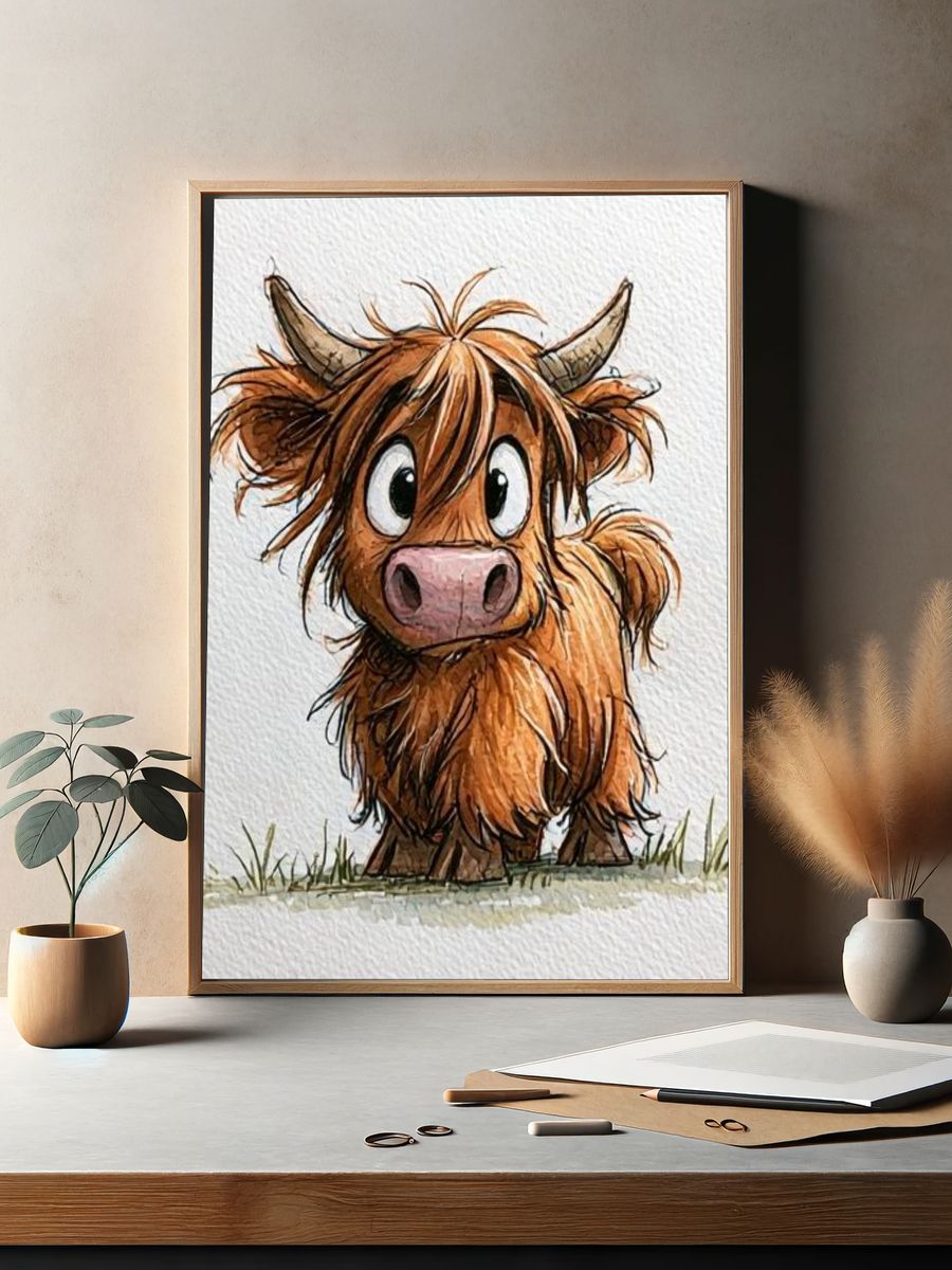 Cute Highland Cow Watercolor Poster. — room view 2