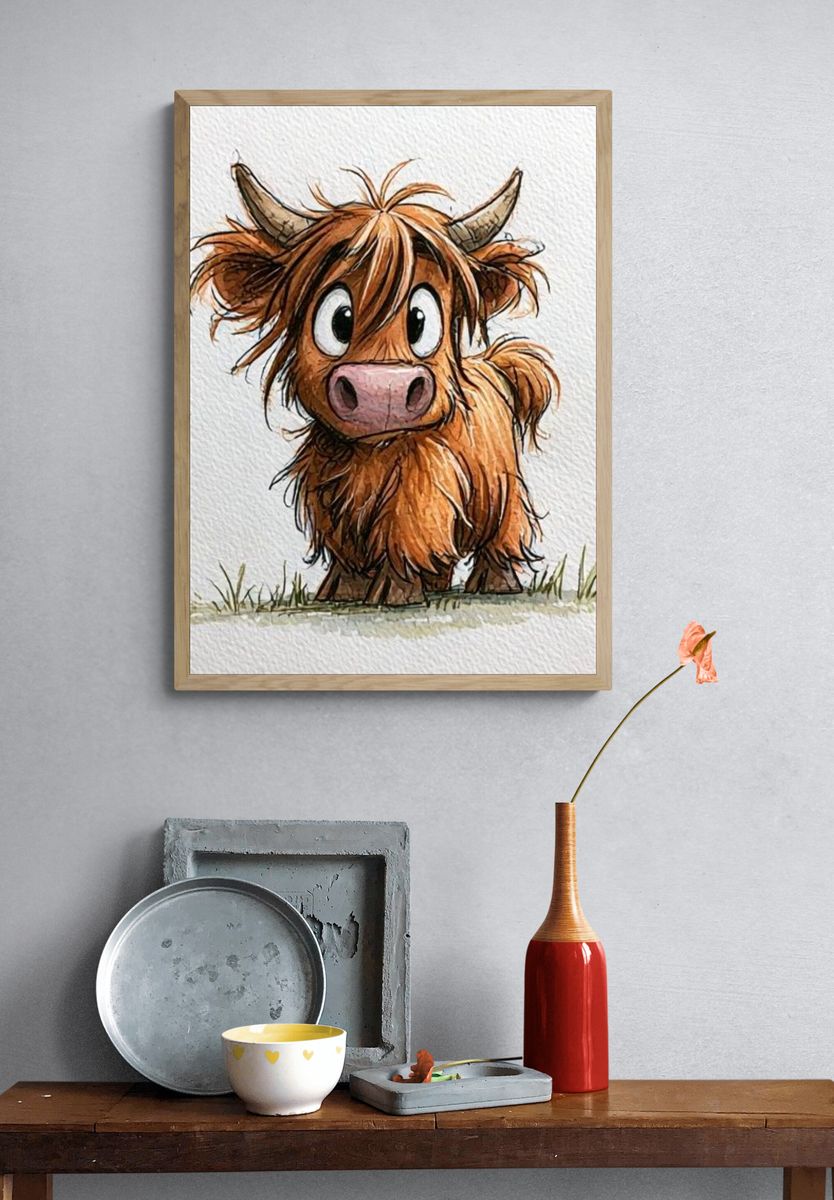 Cute Highland Cow Watercolor Poster. — room view 3