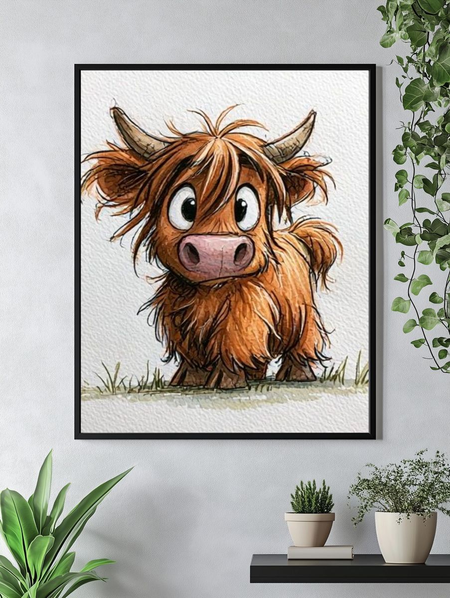 Cute Highland Cow Watercolor Poster. — room view 4