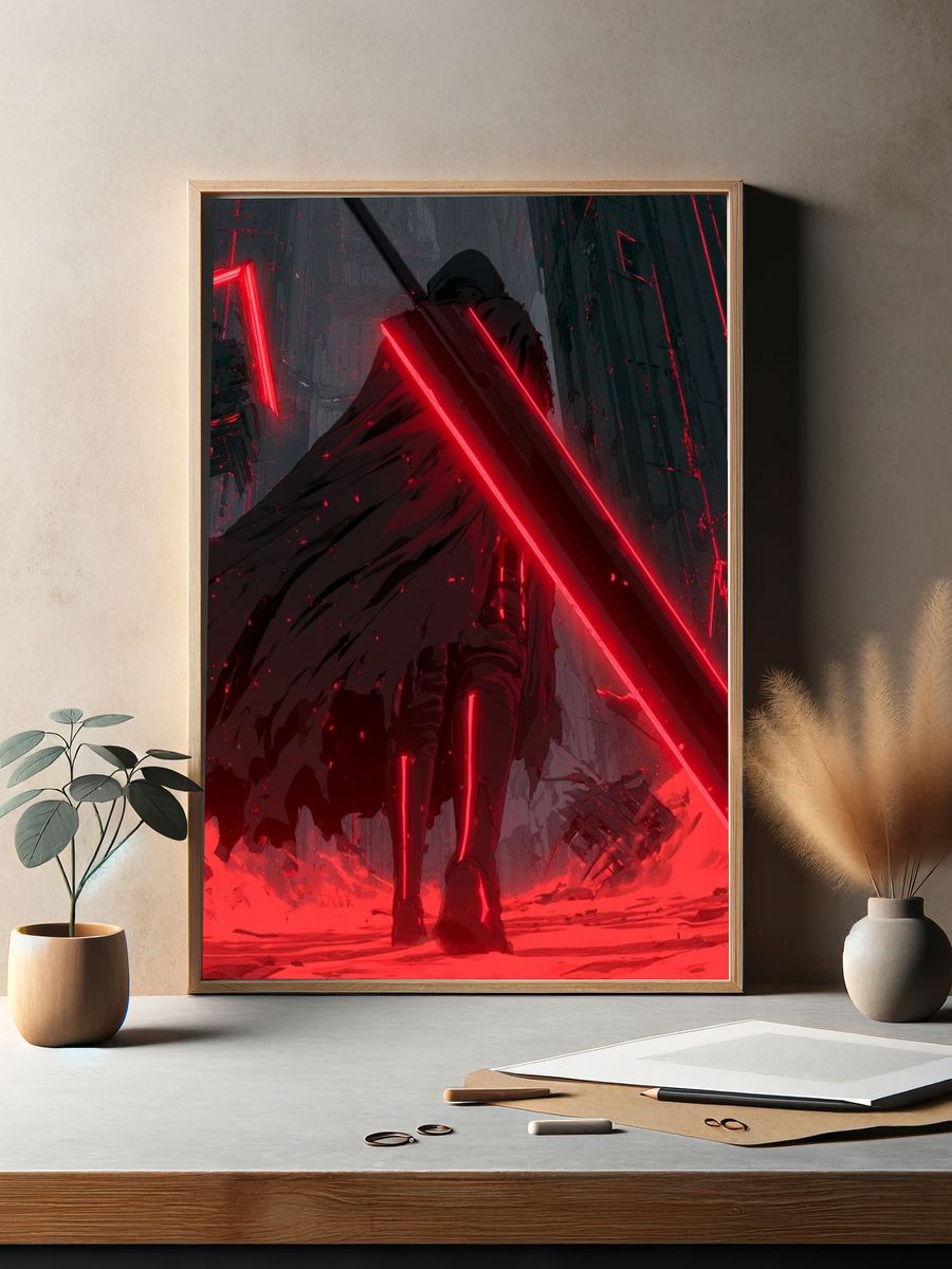 Red Neon Warrior Digital Art Poster. — room view 2
