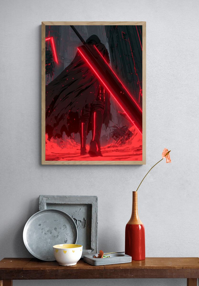 Red Neon Warrior Digital Art Poster. — room view 3