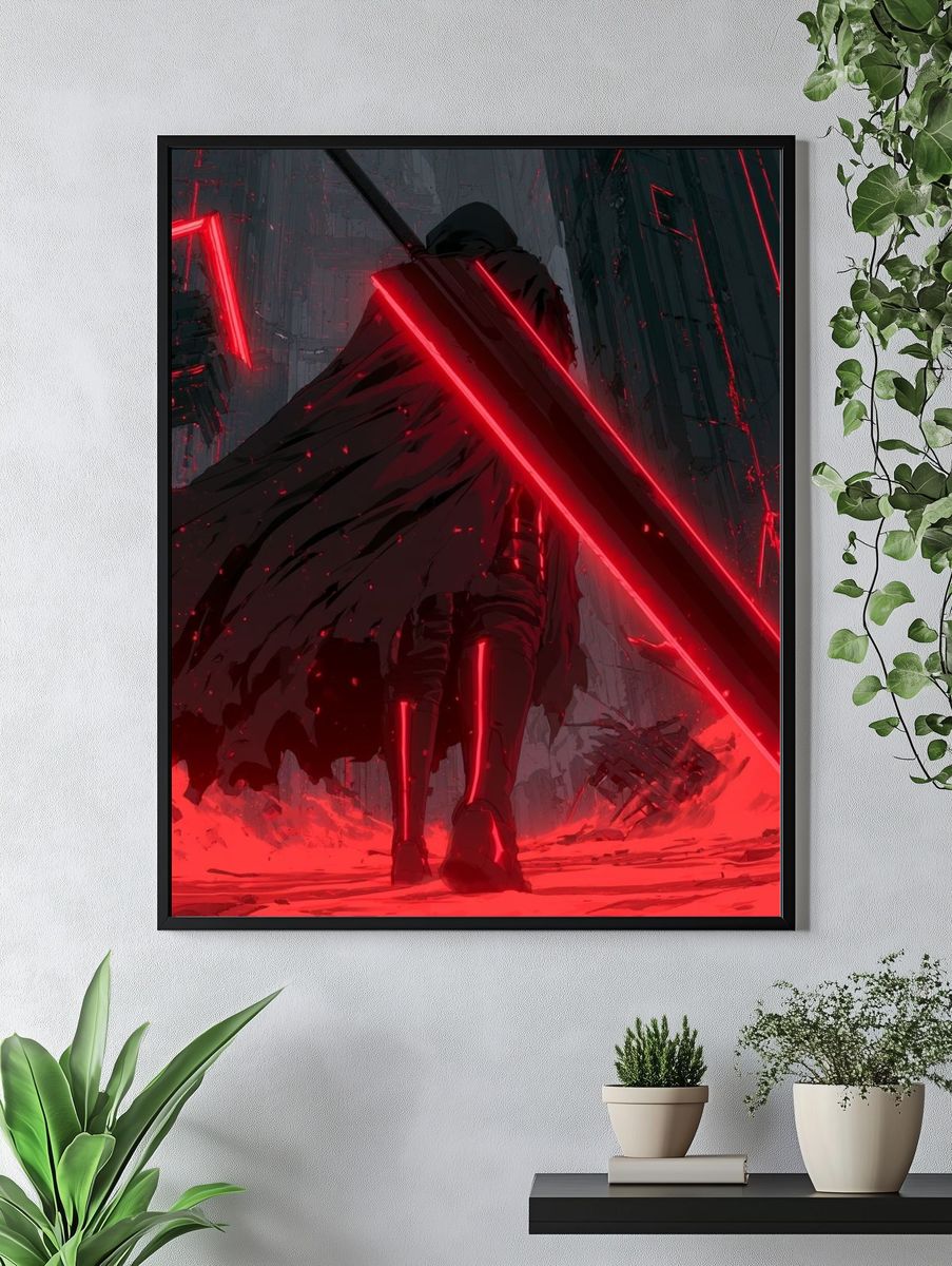Red Neon Warrior Digital Art Poster. — room view 4