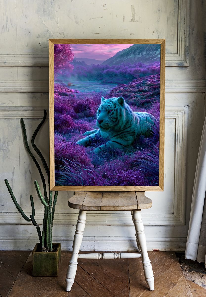Neon White Tiger Landscape Poster. room preview