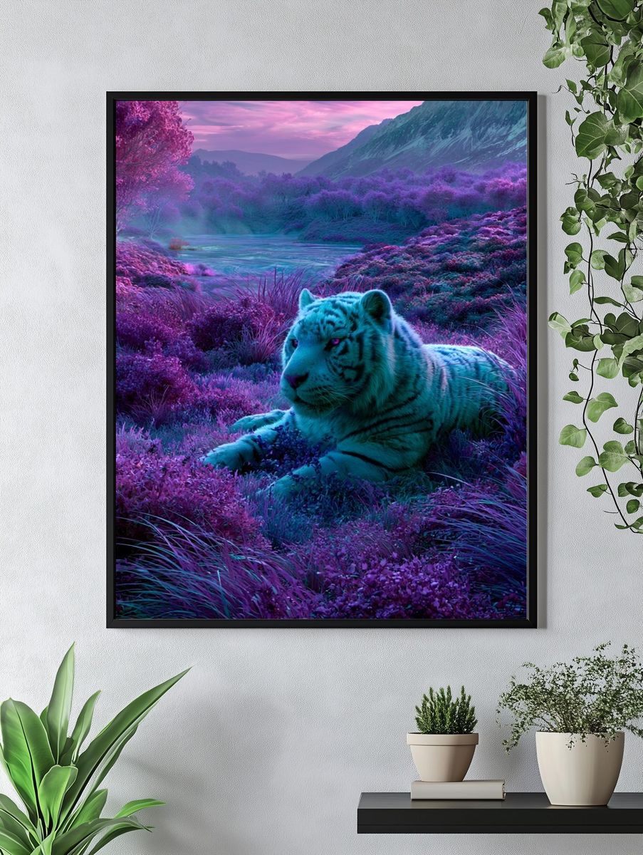 Neon White Tiger Landscape Poster. — room view 4