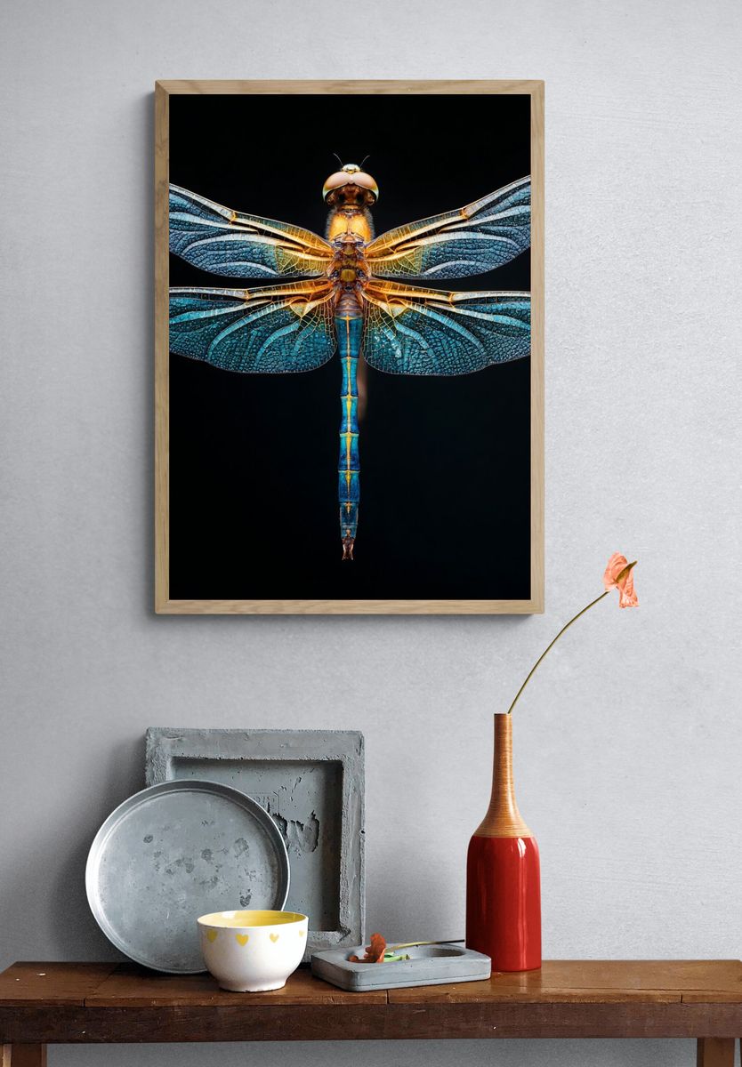 Blue Dragonfly Macro Photography Poster. — room view 3
