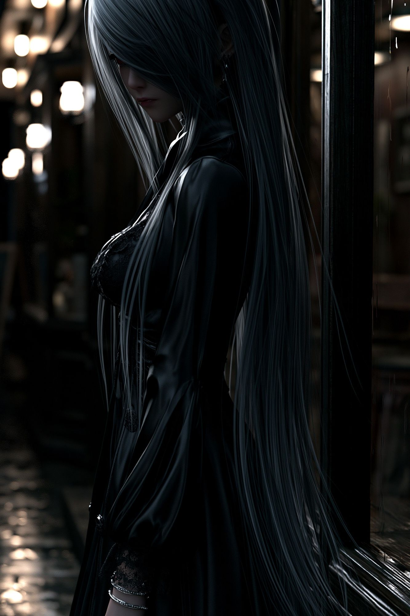 Silver-Haired Gothic Portrait Print. poster — anime art