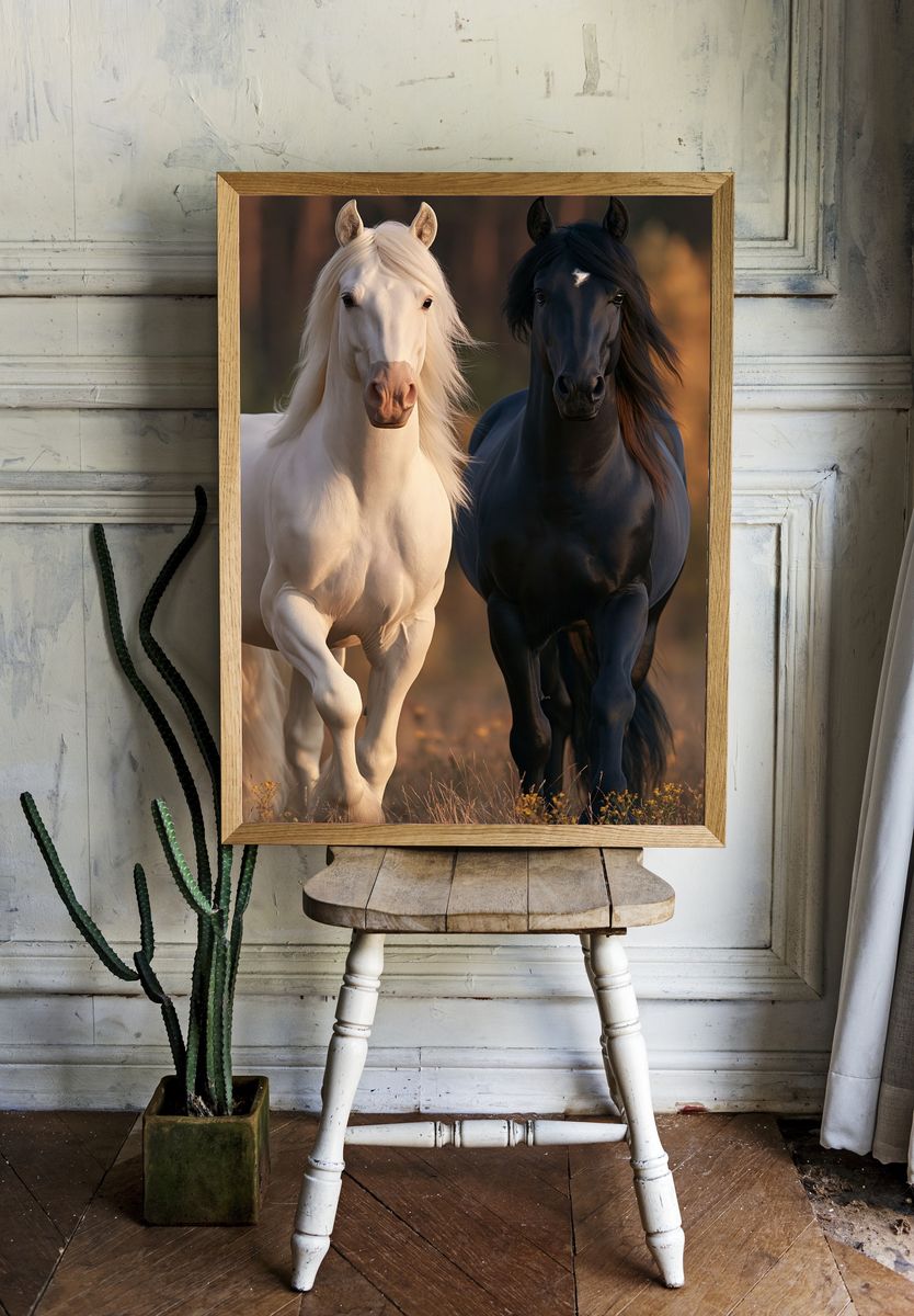 White and Black Horses Photography Poster. room preview