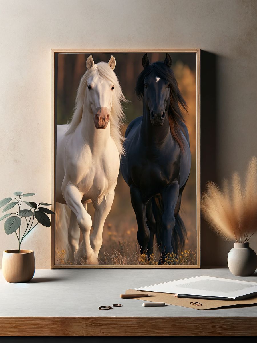 White and Black Horses Photography Poster. — room view 2