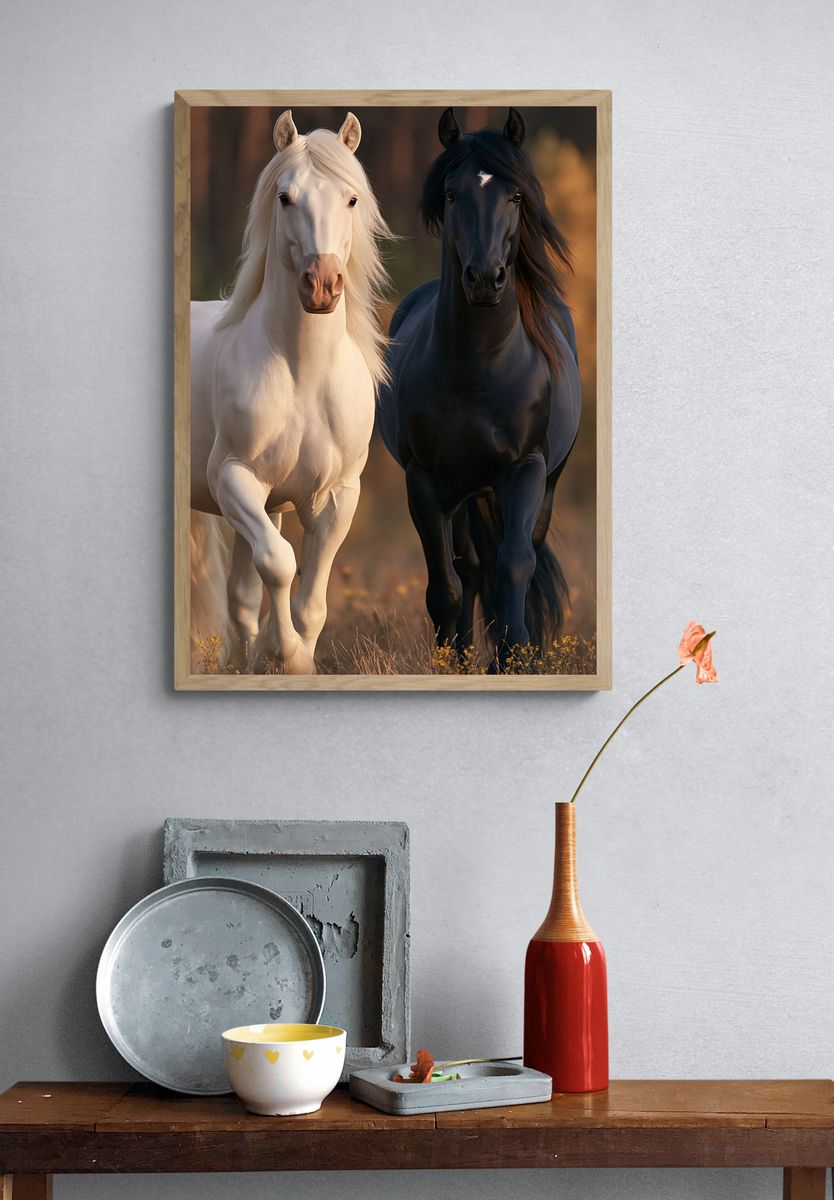 White and Black Horses Photography Poster. — room view 3
